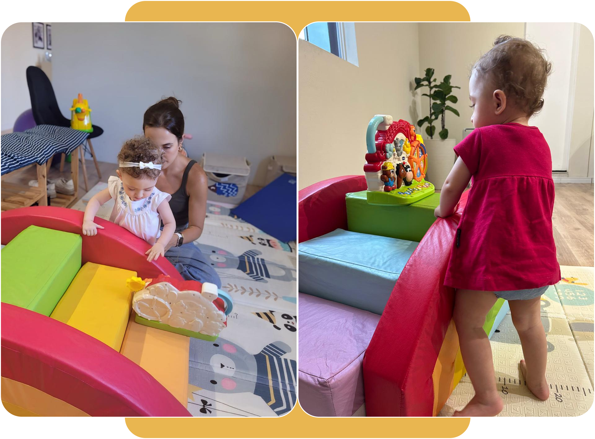 Dra. Gabriella realizando atendimento presencial de fisioterapia em bebê.